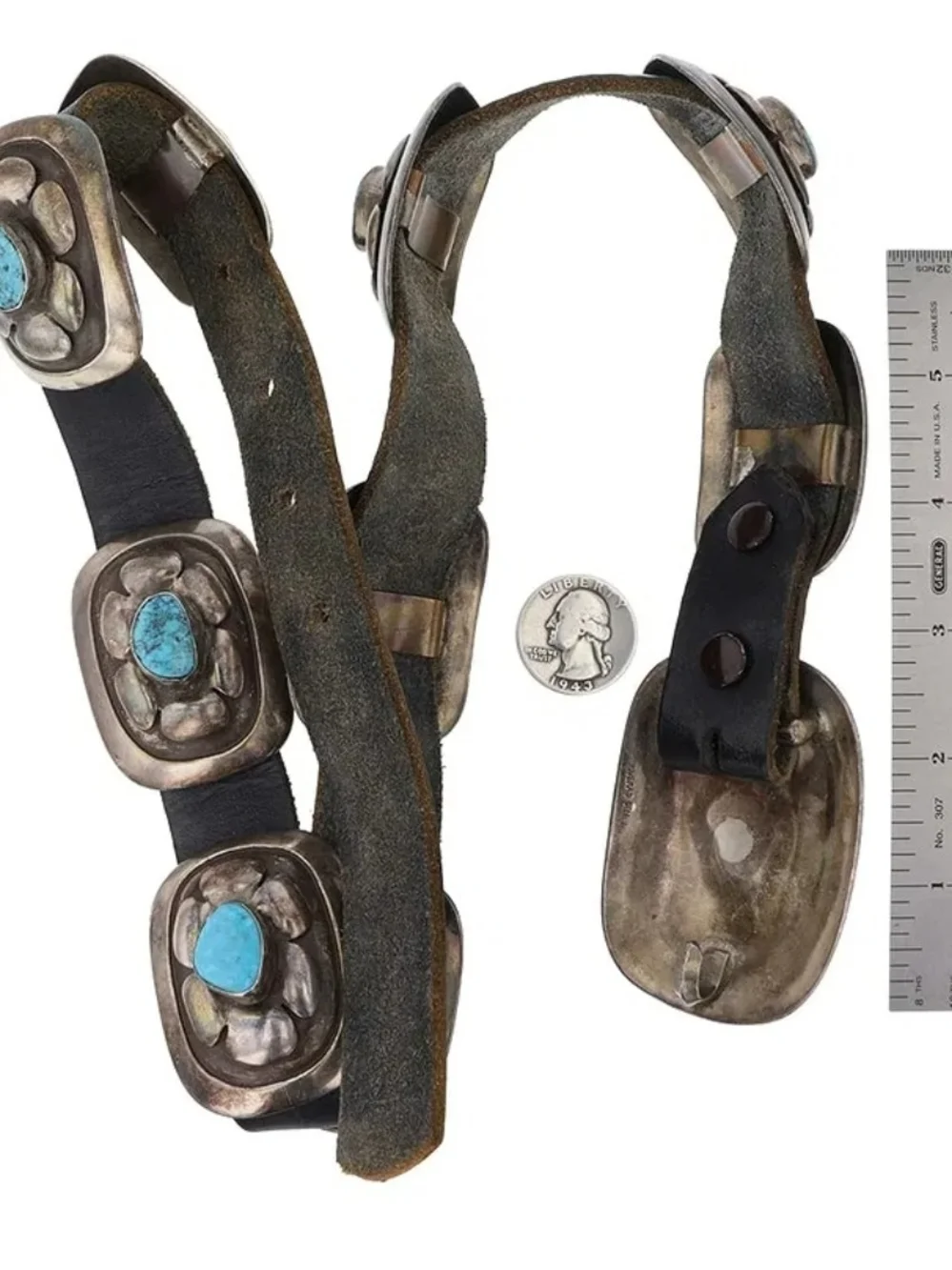 Vintage Black Leather Concho Belt with Turquoise Stones